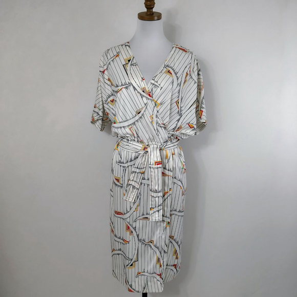 Vintage 80s Homemade Women's White Geometric Colorful Midi Dress with Belt - Picture 2 of 8